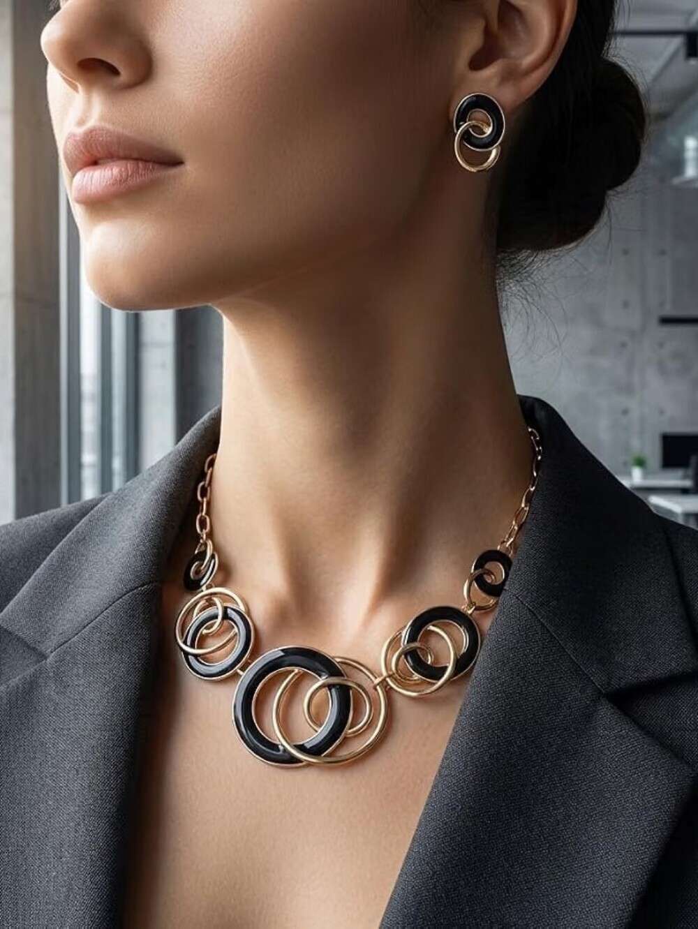 Gold Black Jewelry Set Elegant Chunky Statement Circle Vintage